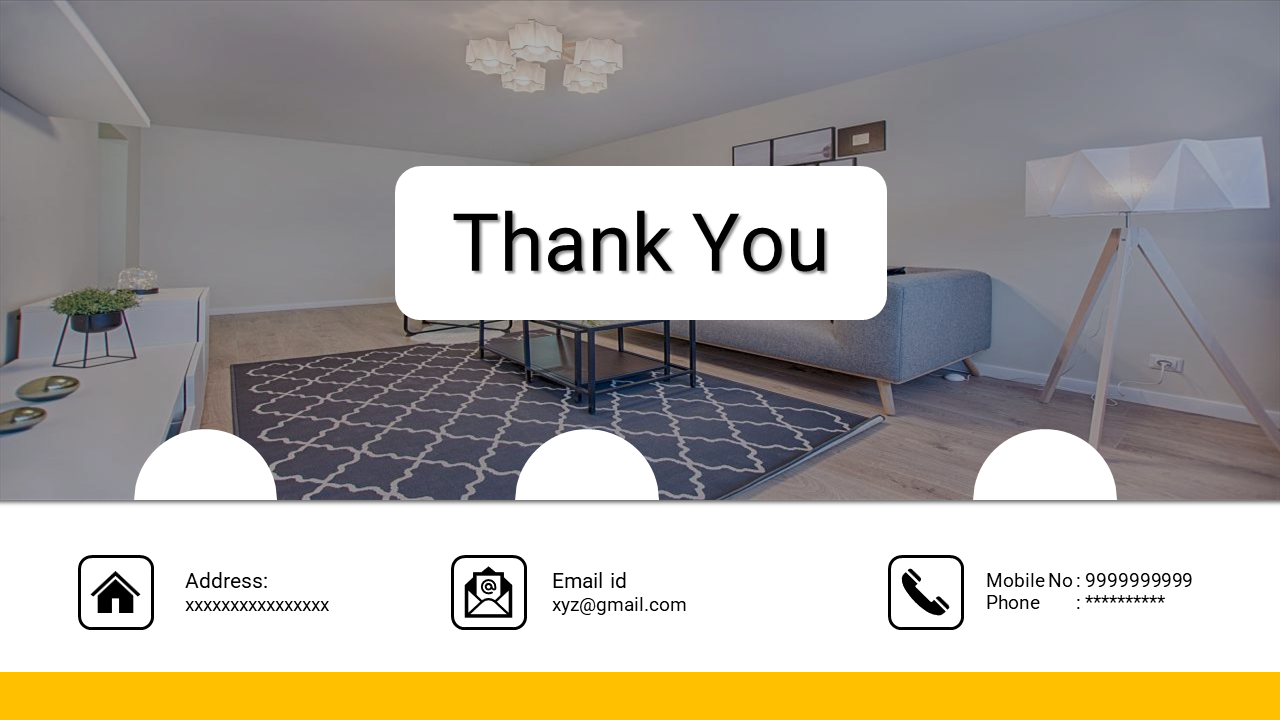 Thank You slide with contact details, including address, email, and phone number set against a modern living room background.