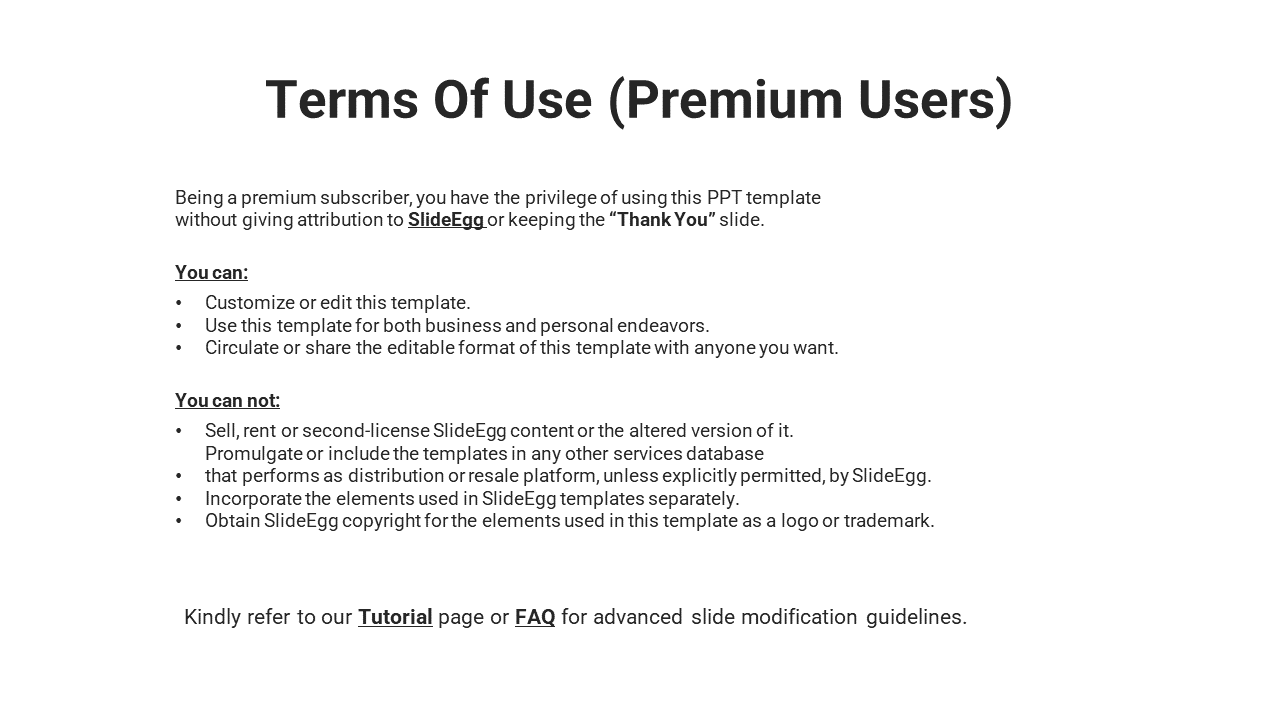 Terms of use for premium SlideEgg subscribers, allowing template editing, sharing, and customization without attribution.