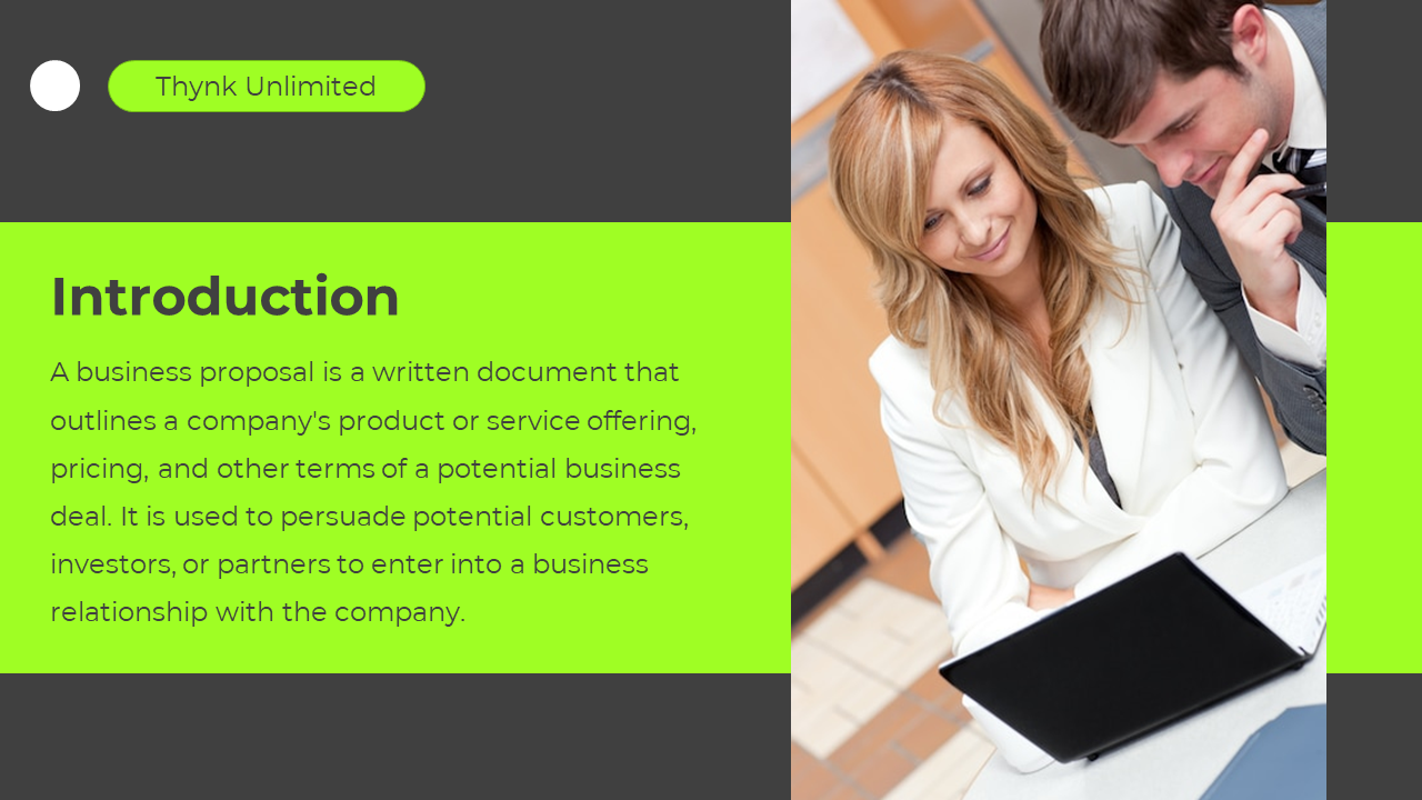 Two professionals discussing a business proposal, with the introduction text on a green and dark backdrop.