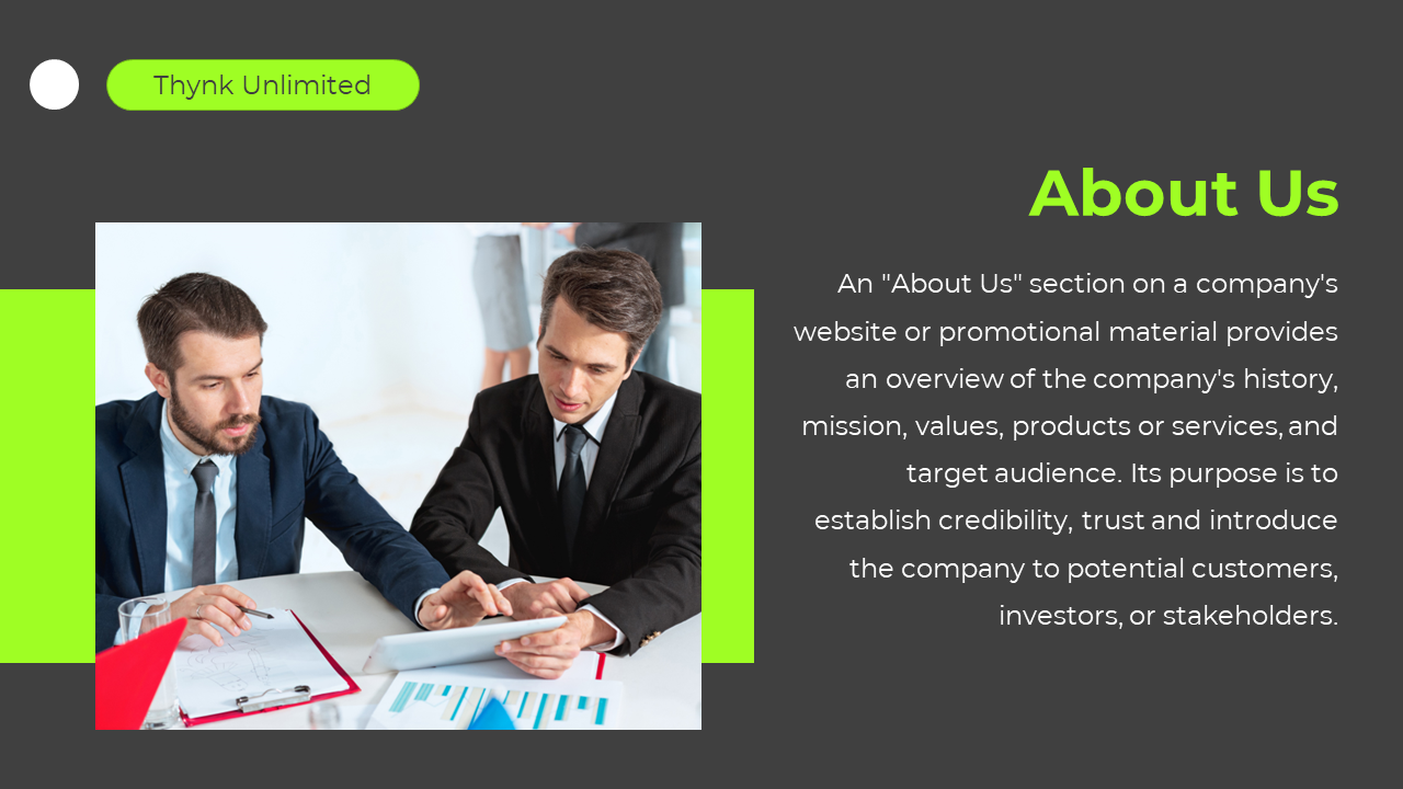 Business professionals in a meeting, with the text explaining the role of an about us section on a dark backdrop.