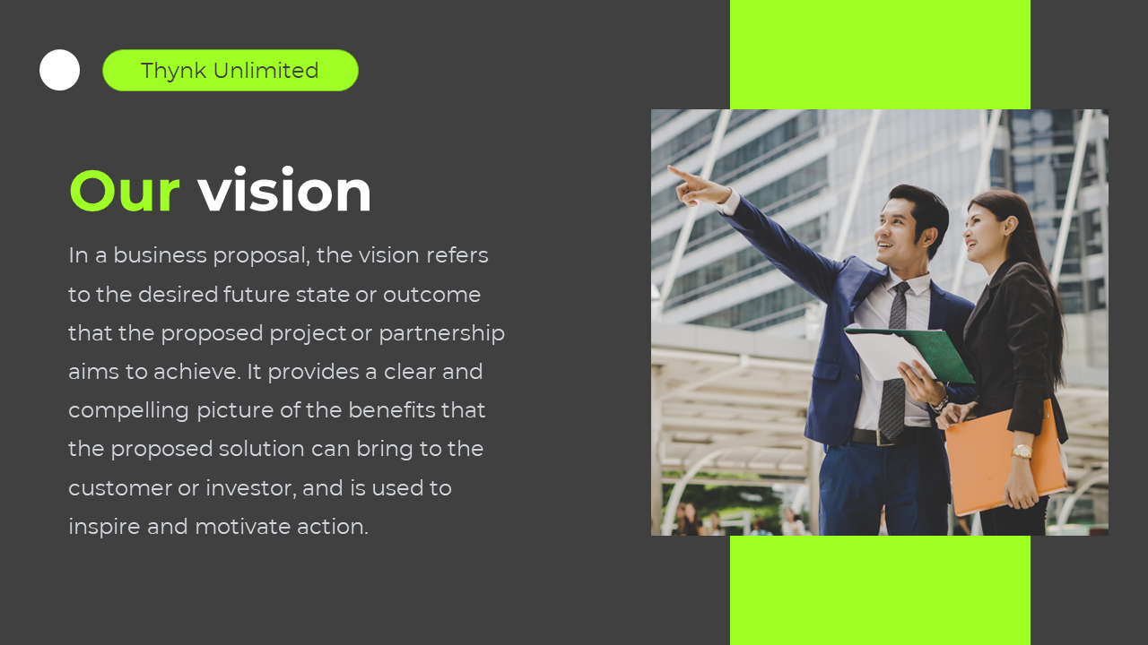 Slide describing the vision in a business proposal, with two colleagues reviewing documents on a dark and green backdrop.