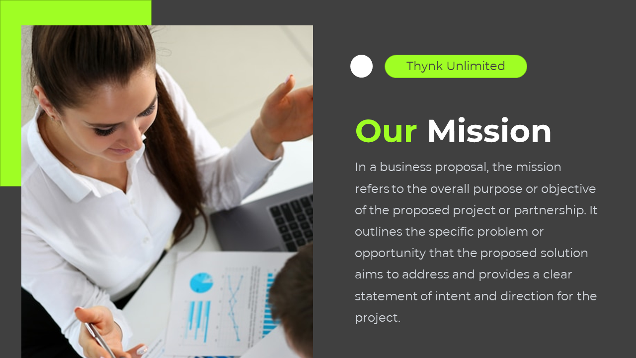 Business professionals reviewing data, with a slide explaining the mission on a dark and green backdrop.
