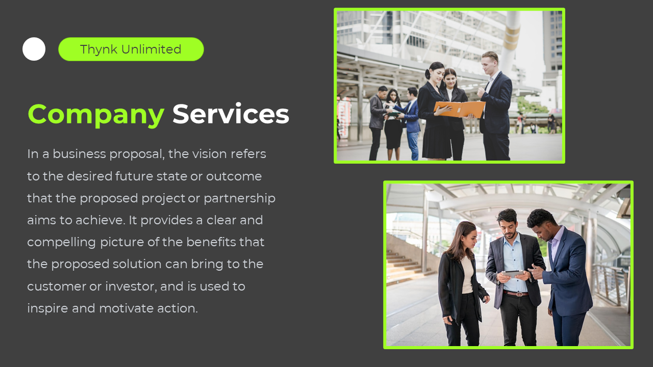 Two business groups reviewing documents with a slide highlighting how the vision in a proposal inspires action in dark theme.