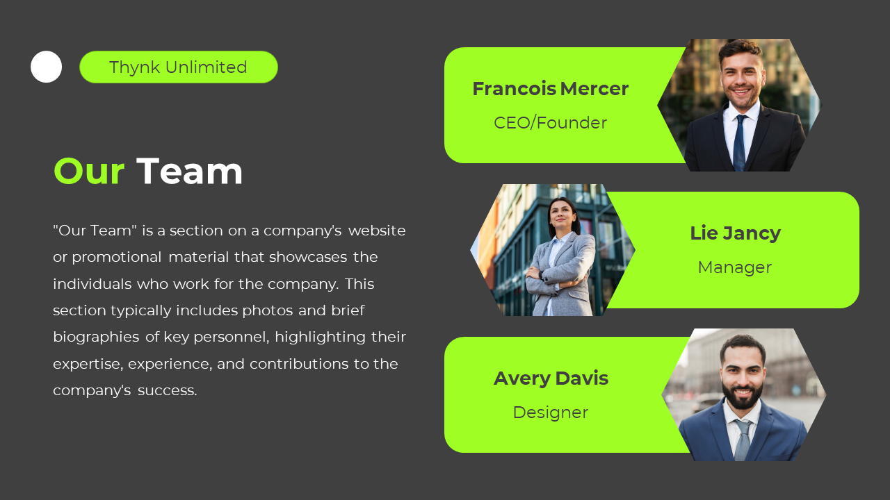 Company team slide featuring key personnel with their photos and brief titles on a dark grey and green backdrop.