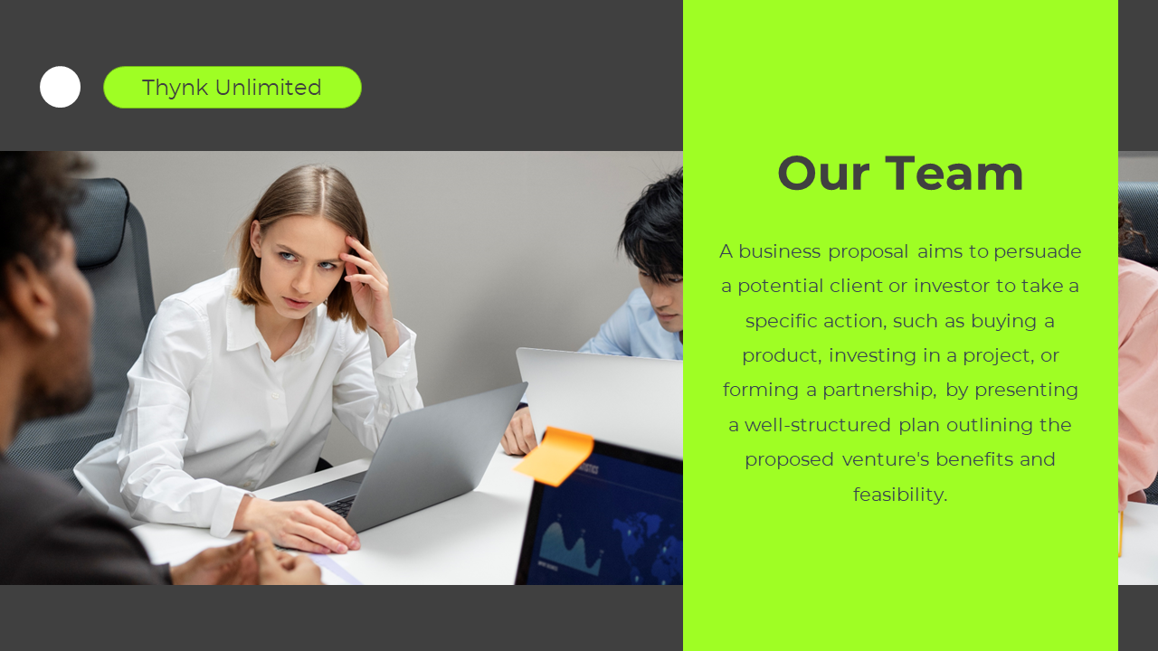 Business team discussed a proposal with a slide explaining the role of a business proposal on a dark grey and green backdrop.