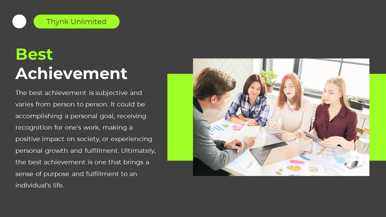 A group of professionals discussing their best achievements, on a dark grey and green backdrop.