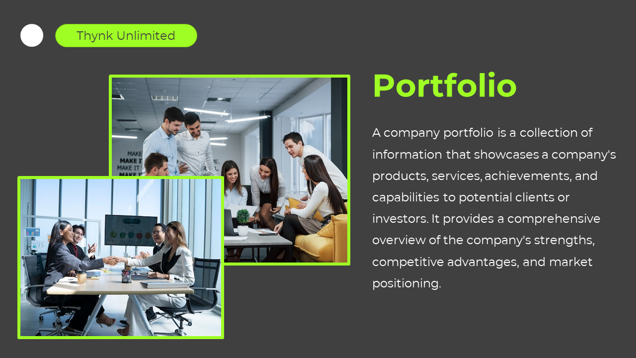A team discussing their company's portfolio with slide explaining the role of a portfolio on a dark grey and green backdrop.