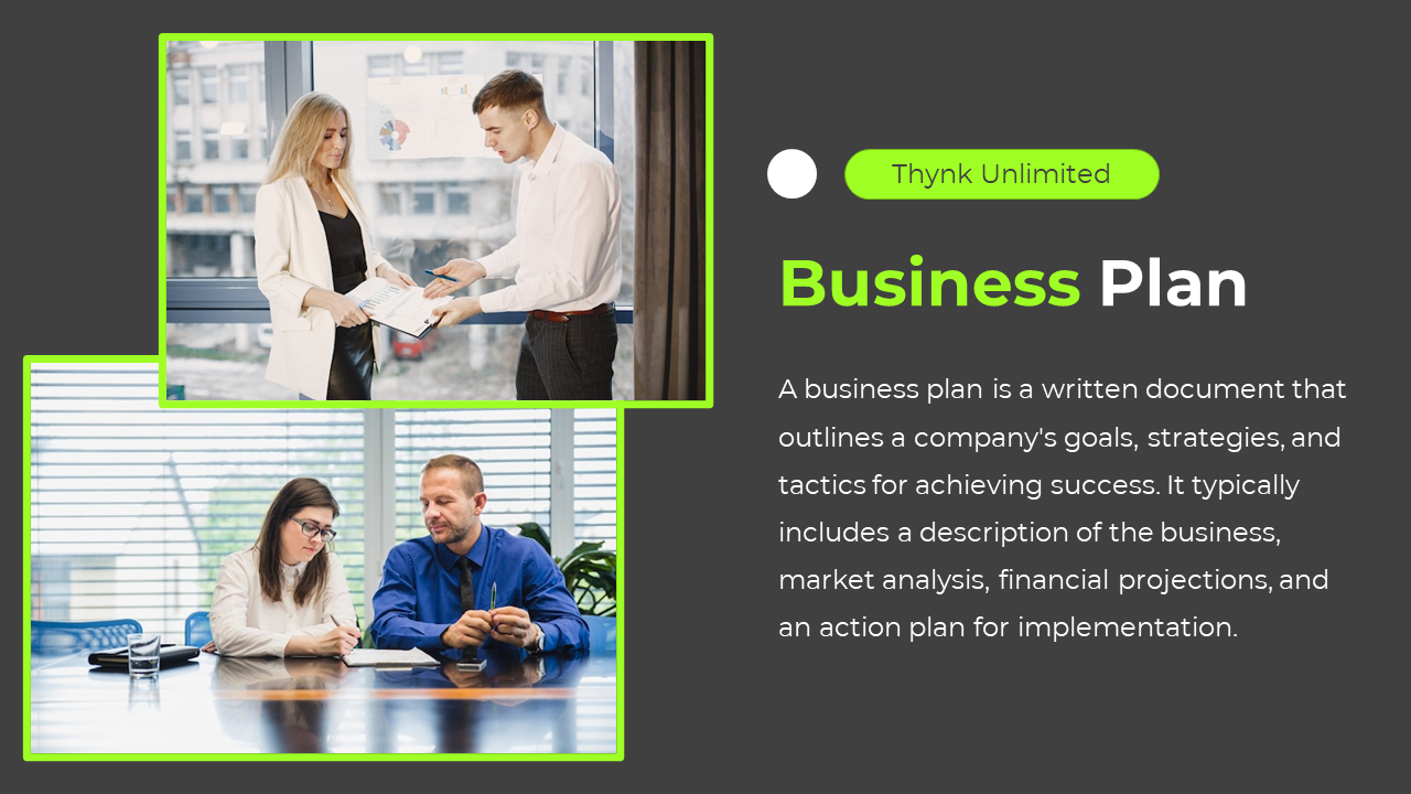Two business professionals discussing a business plan, with a description in dark grey and green backdrop.