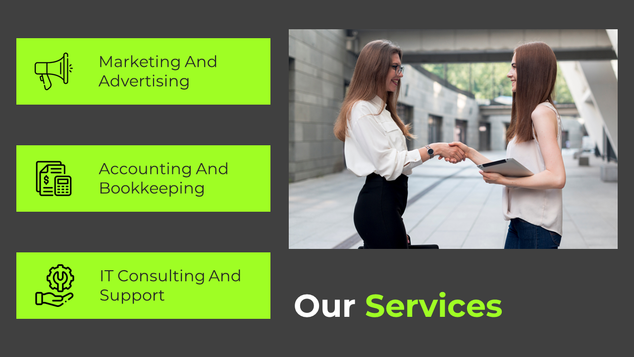 A handshake between two businesswomen, with key services in dark grey and green backdrop with icons.