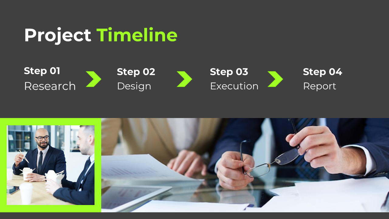 A project timeline slide with four steps in dark grey and green backdrop with icons.