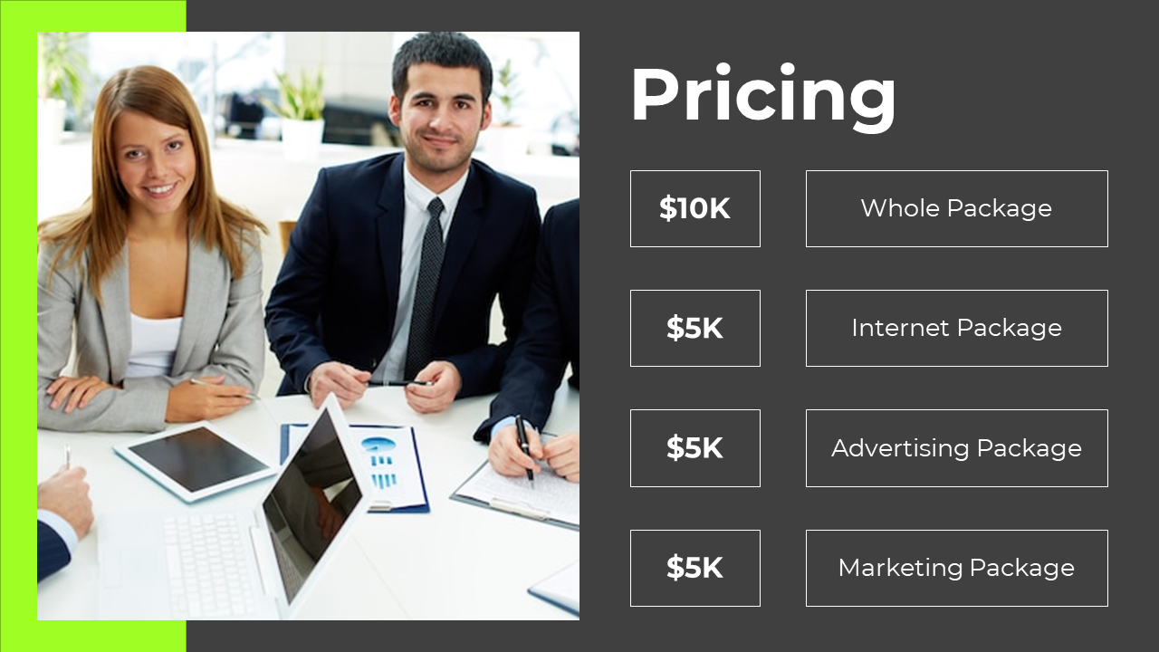 Pricing table with four packages alongside a professional team on a green and dark grey backdrop.