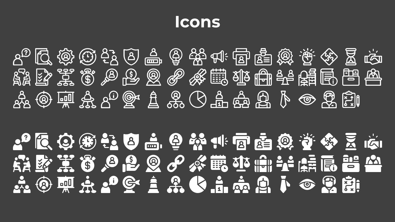 A collection of various white icons representing different business concepts and processes on a dark backdrop.