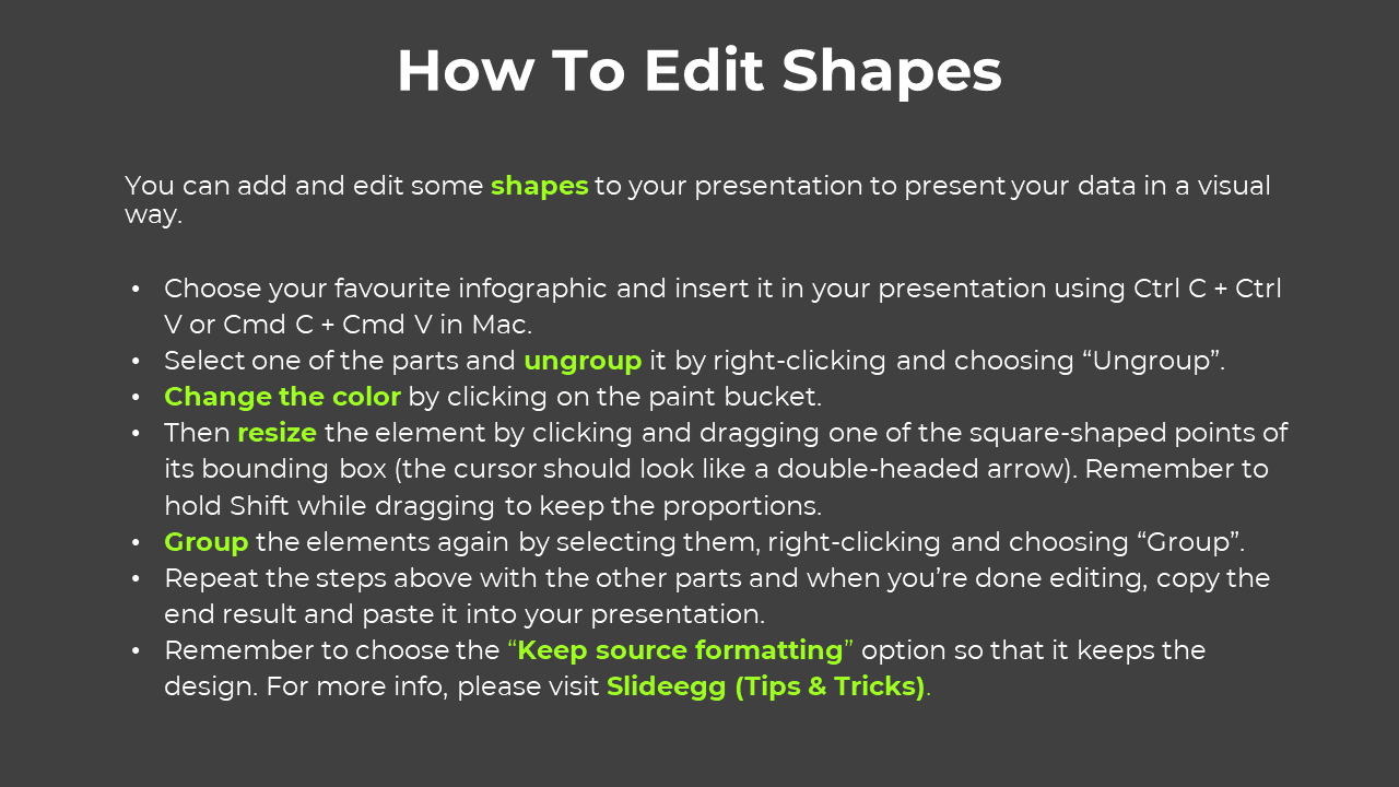 Tutorial on modifying infographic shapes in PowerPoint, including grouping, and changing colors on a dark grey backdrop.