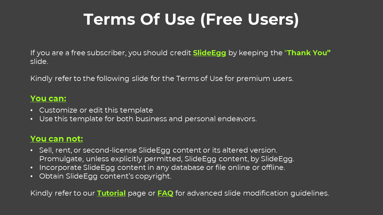 Terms of use for free subscribers detailing the rights and restrictions for using SlideEggs content on a dark grey backdrop.