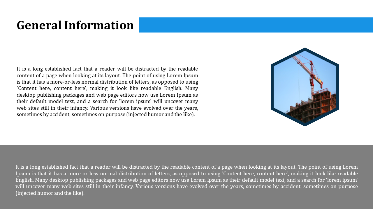 General Information slide with placeholder text and a construction site image in a hexagonal frame on a white backdrop.