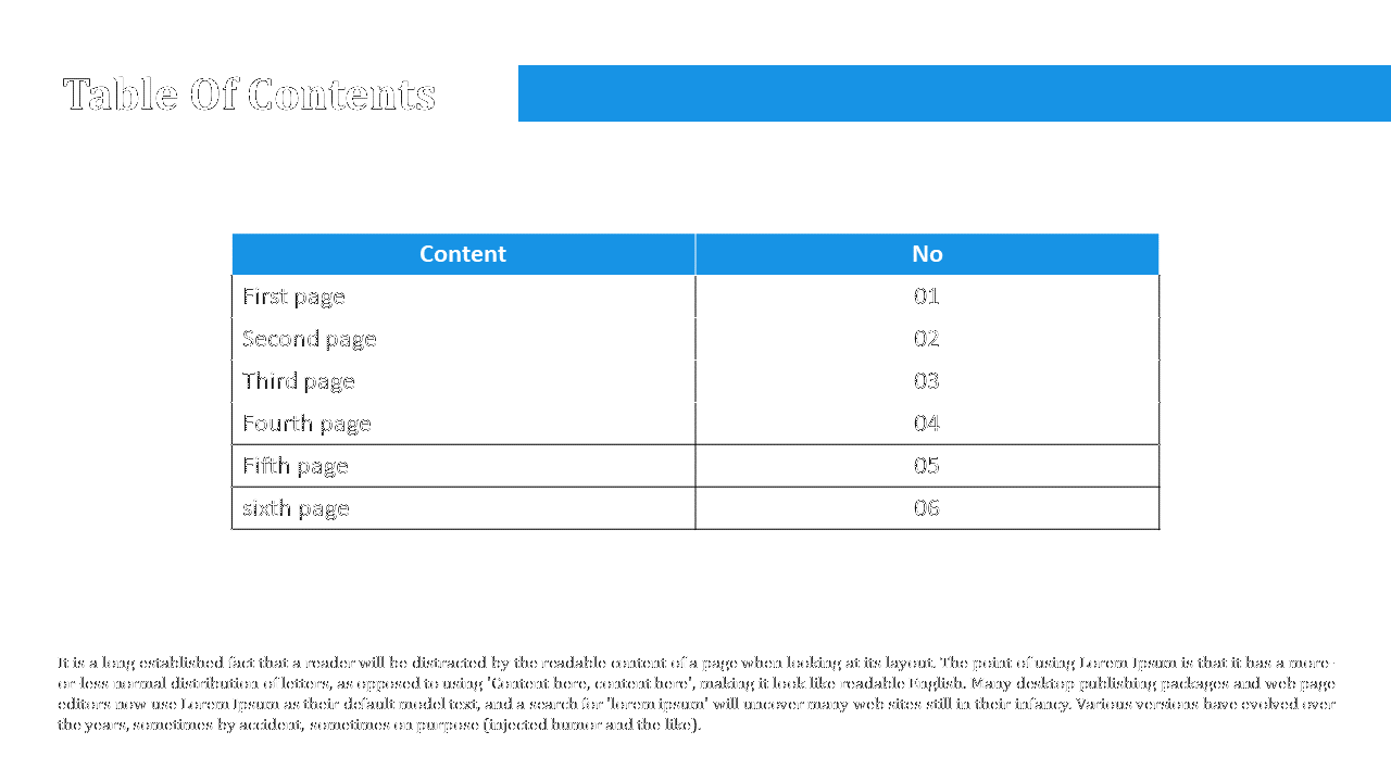 Table of Contents slide showing a list of pages with content and their corresponding page numbers on a white backdrop.