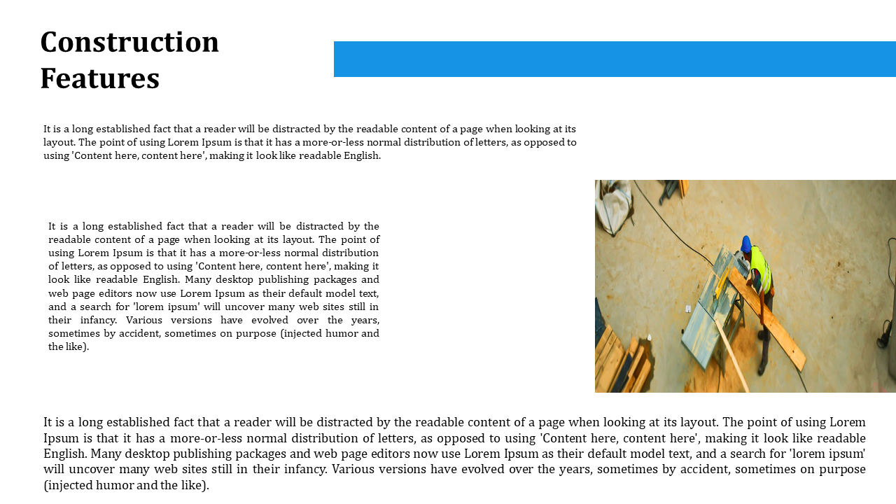 Slide showcasing construction features with a photo of a construction worker handling wooden beams, with placeholder text.