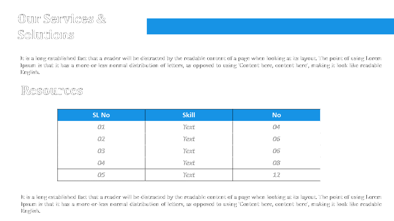 Slide showcasing services and solutions with a table listing resources, including skills and numbers with placeholder text.