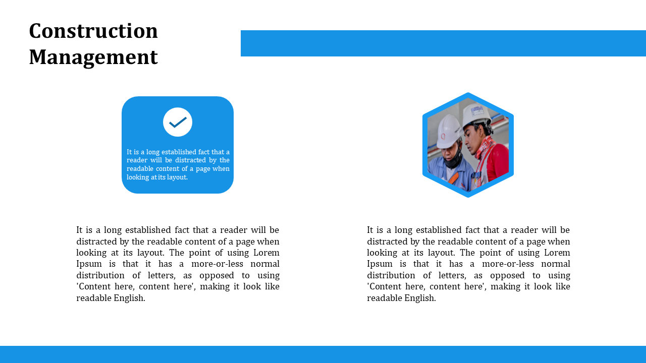 Construction Management slide showing a blue checkmark icon with placeholder text and an image of construction workers.