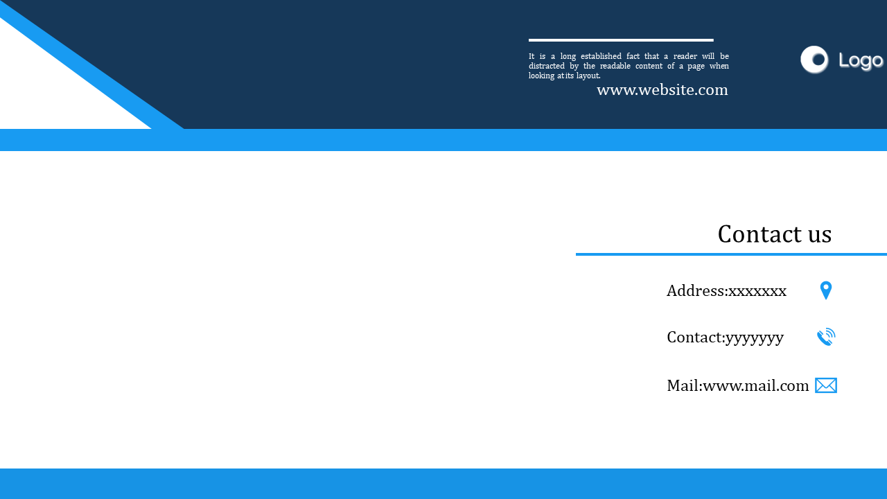 Contact page layout with address, contact, and email information alongside icon representing each detail on a blue backdrop.