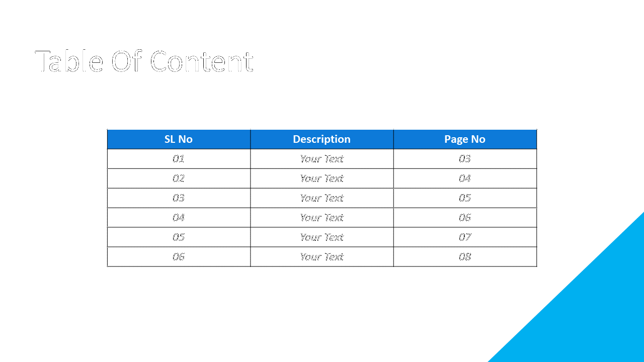 Table of contents slide with blue accents and a table listing six sections with corresponding page numbers on a white theme.