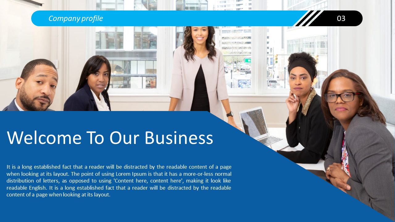 A business presentation slide showing a group of professionals in an office with a blue design.