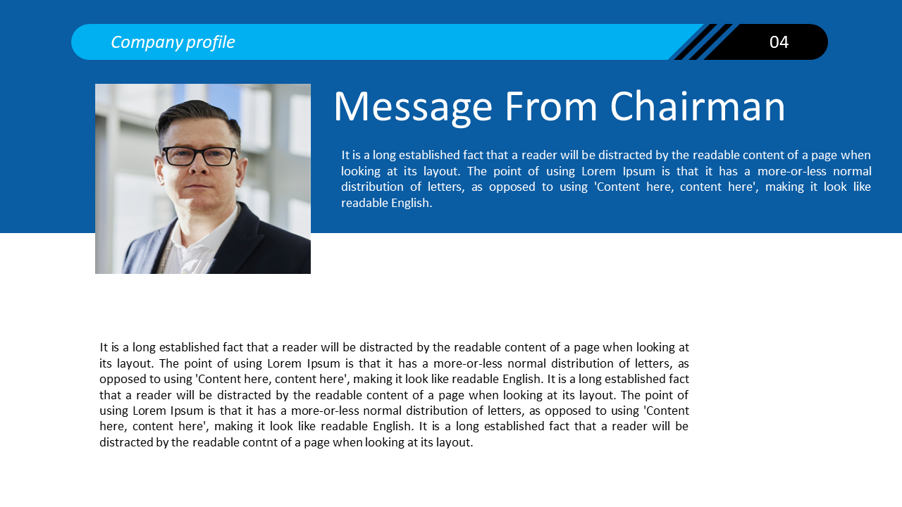 Business presentation slide with a photo of a chairman accompanied by a long descriptive text on a blue and white theme.