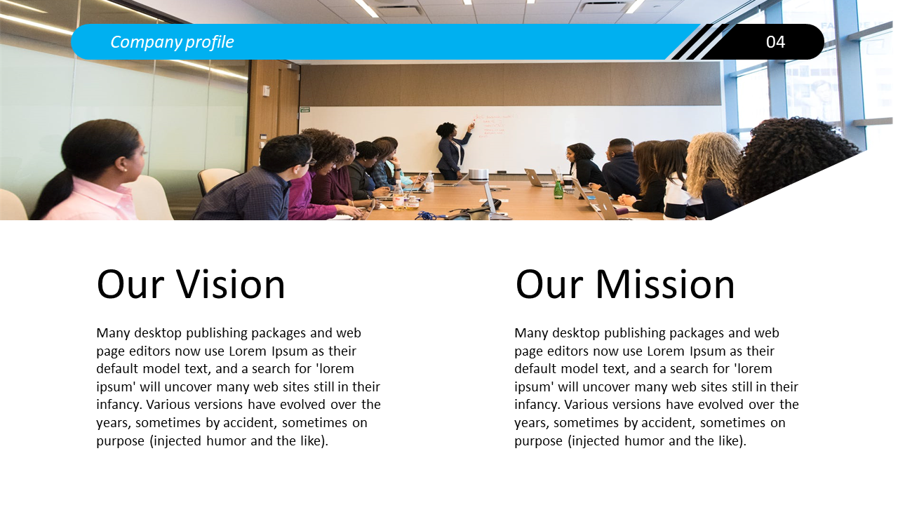 Business presentation slide showing a group of people in a meeting with two sections for our vision and our mission.