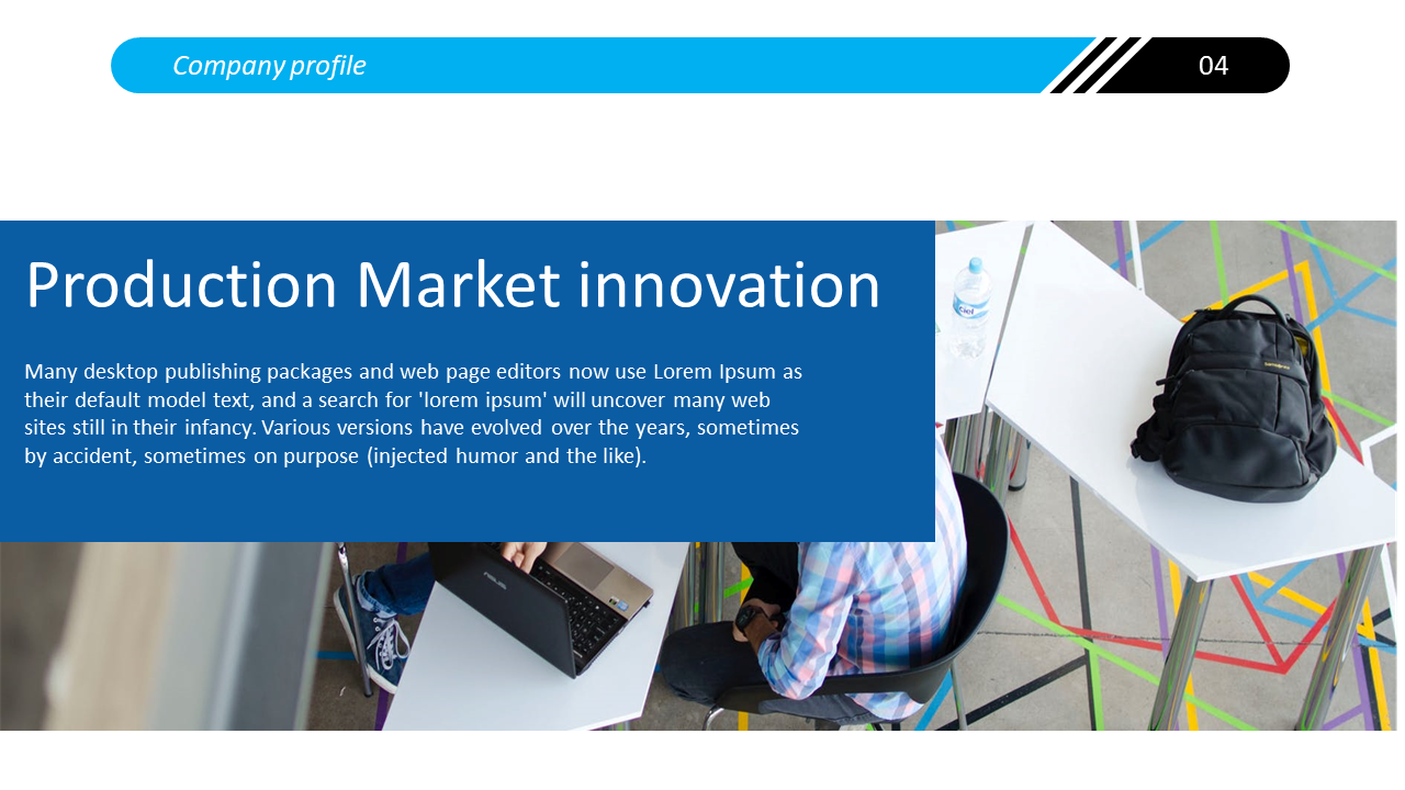 Production market innovation slide featuring a person working at a desk with a backpack and water bottle on a white and blue.