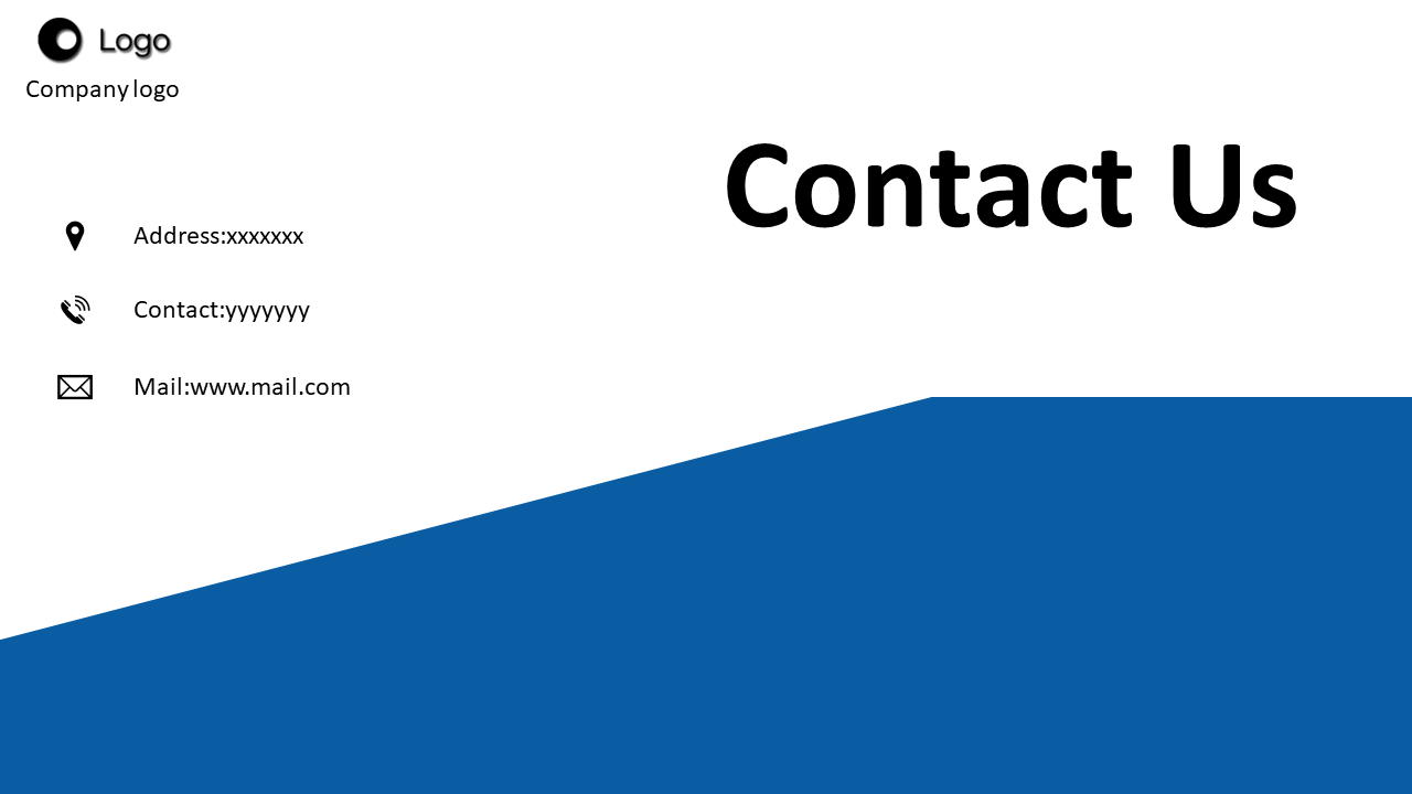 Contact Us slide with company logo, address, contact information, and email details on a white and blue background.