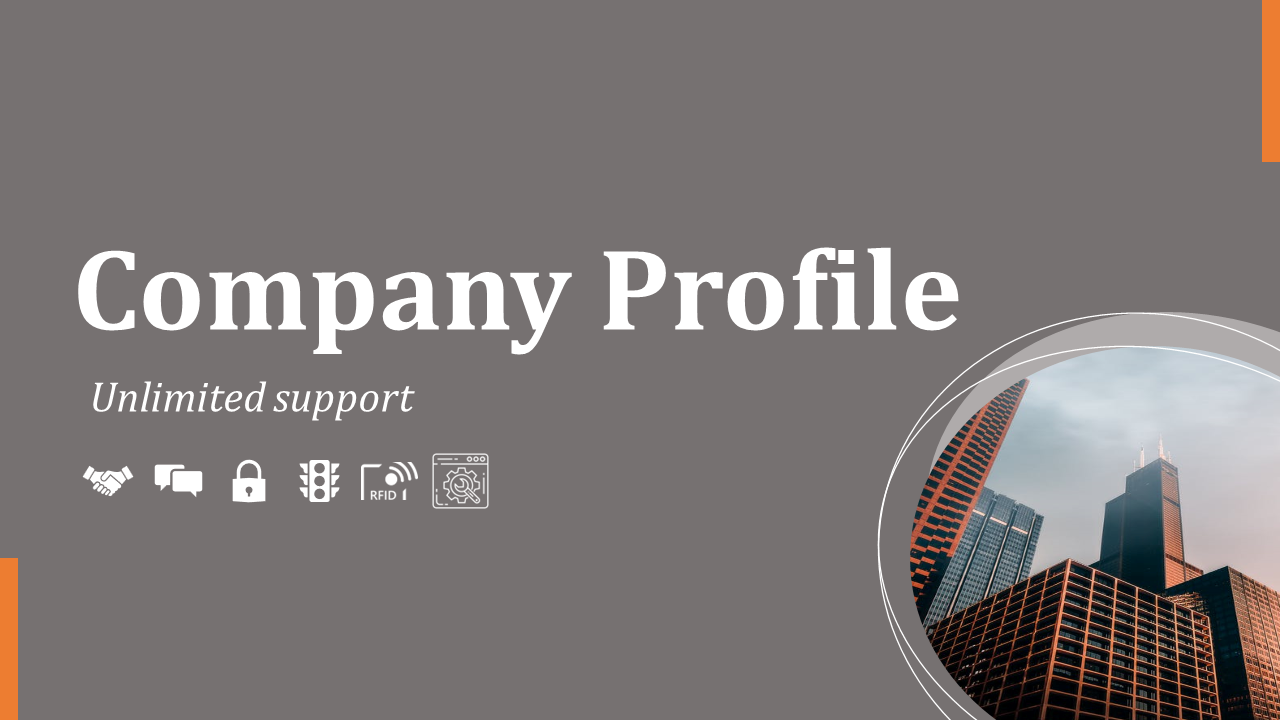 Company profile slide with a modern city skyline and icons representing unlimited support.