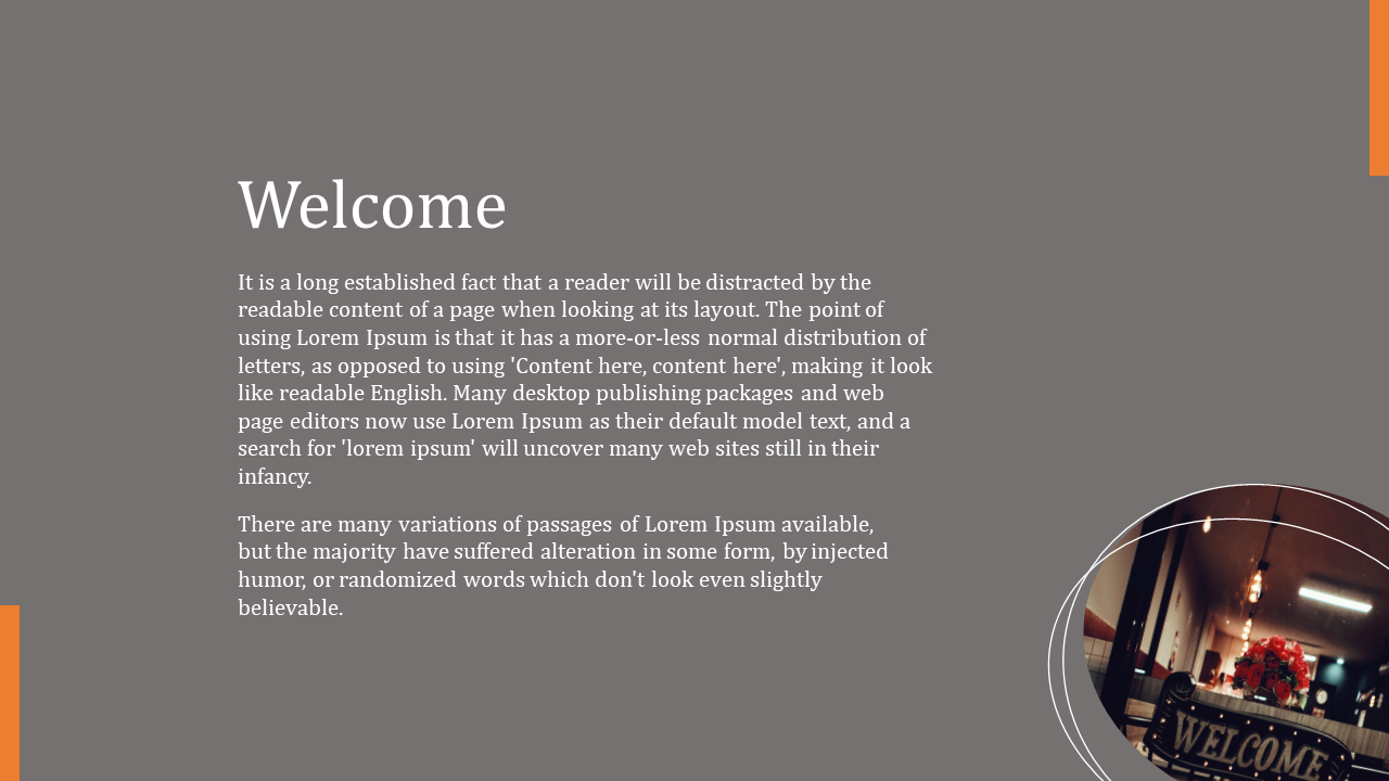 Welcome slide with a welcoming sign and introductory text about readable content on a grey backdrop.