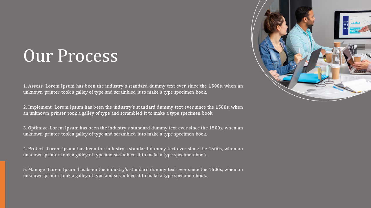 Our Process slide features 5 key steps of a business process with a team working together in a meeting room in grey backdrop.