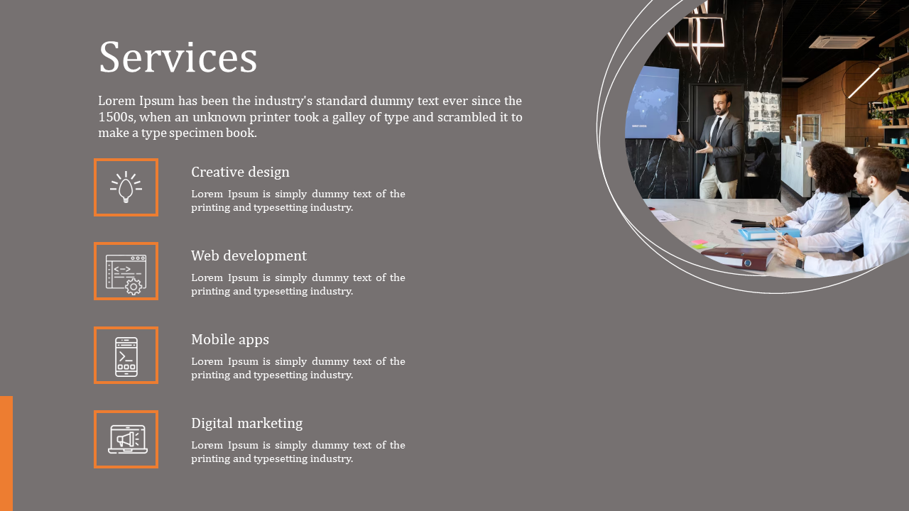 Our process slide shows five business steps with a team working and analyzing data on a screen in a grey backdrop.