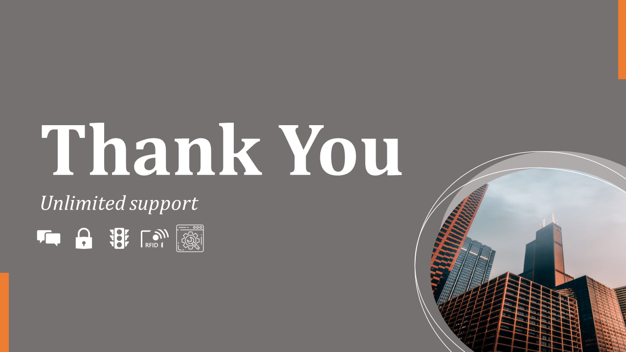 Thank you slide featuring a cityscape image and icons representing support services like chat, security, and RFID.