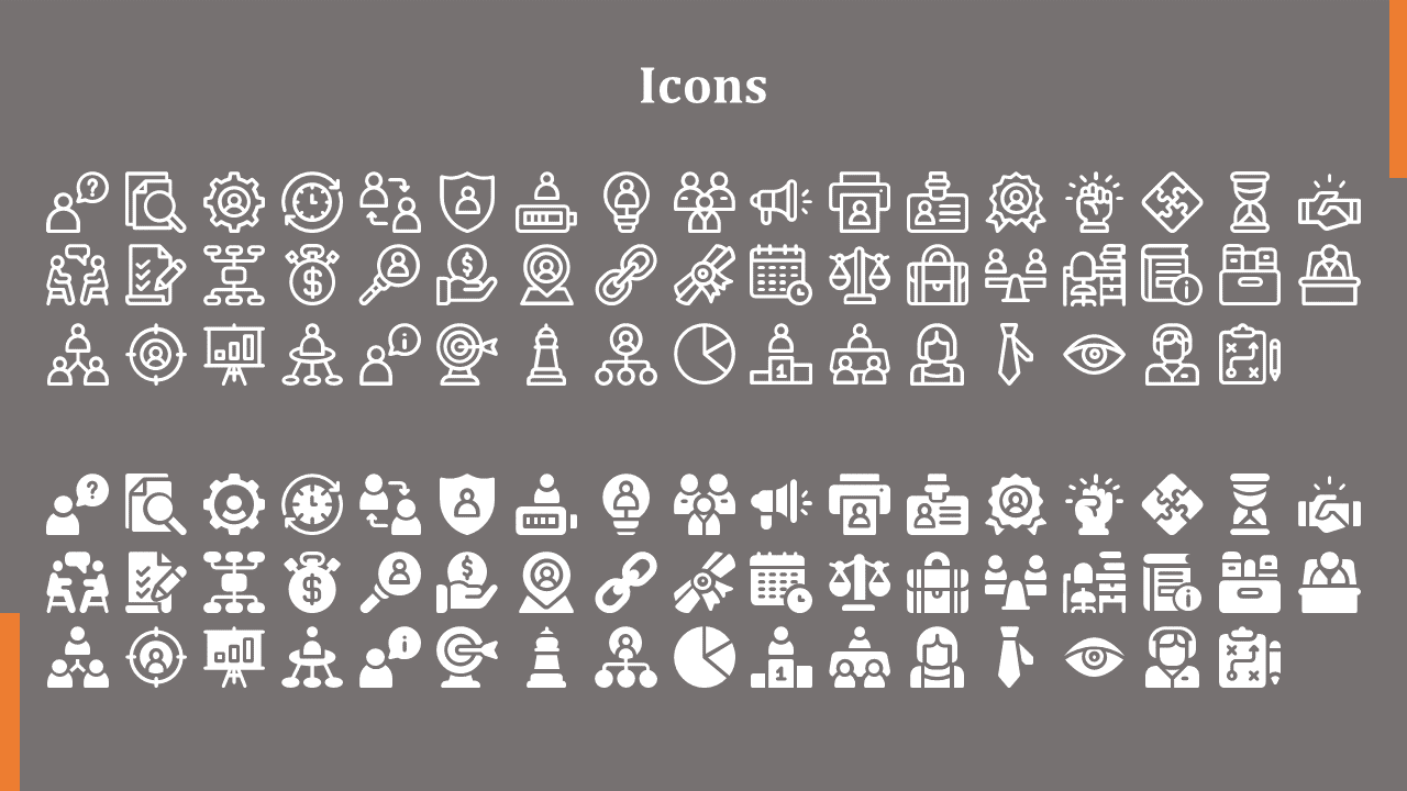 Grid of white icons representing business processes, security, communication, and technology, set on a gray background.