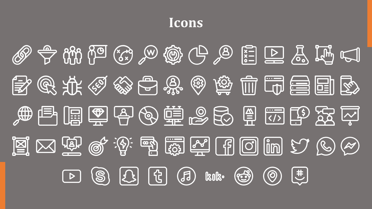 A grid of white icons representing business, technology, social media, and communication on a gray background.