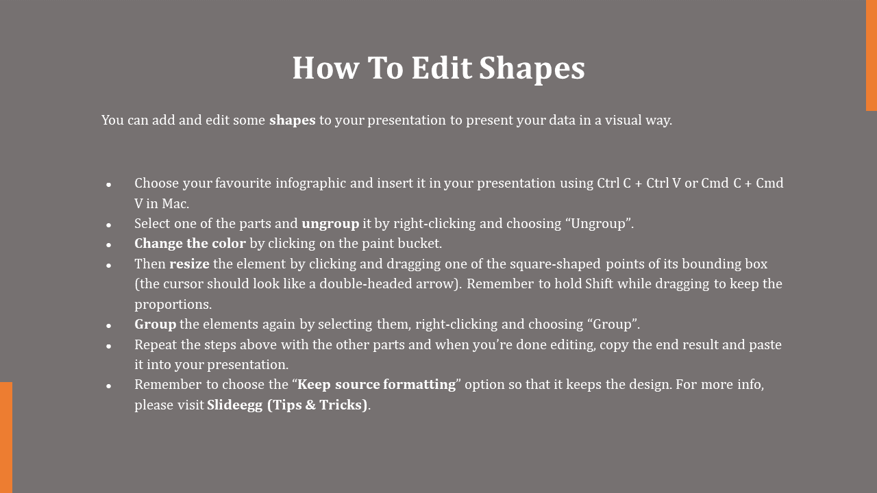 Step by step instructions for editing shapes in PPT, including ungrouping, changing color, resizing, and grouping elements.