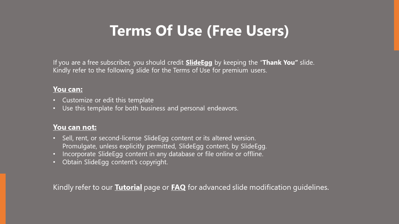 Terms of use for free SlideEgg users, detailing customization and usage rules for templates on a grey backdrop.