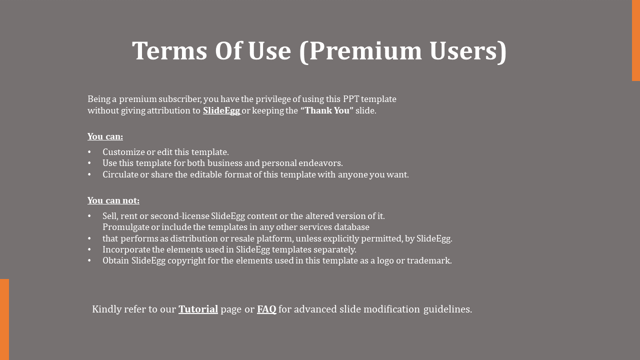 Terms of use for premium SlideEgg users, outlining the privileges of using the template on a grey backdrop.