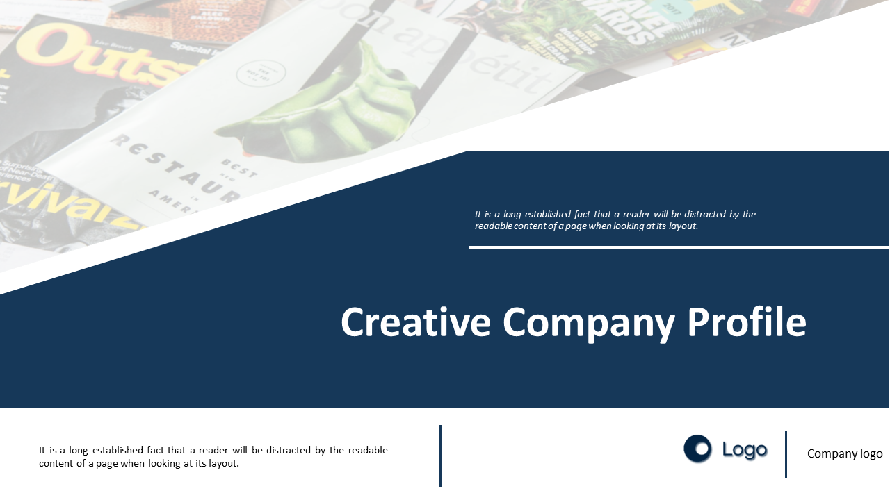 Creative company profile slide featuring a magazine background with a logo placeholder and text in a white and blue theme.