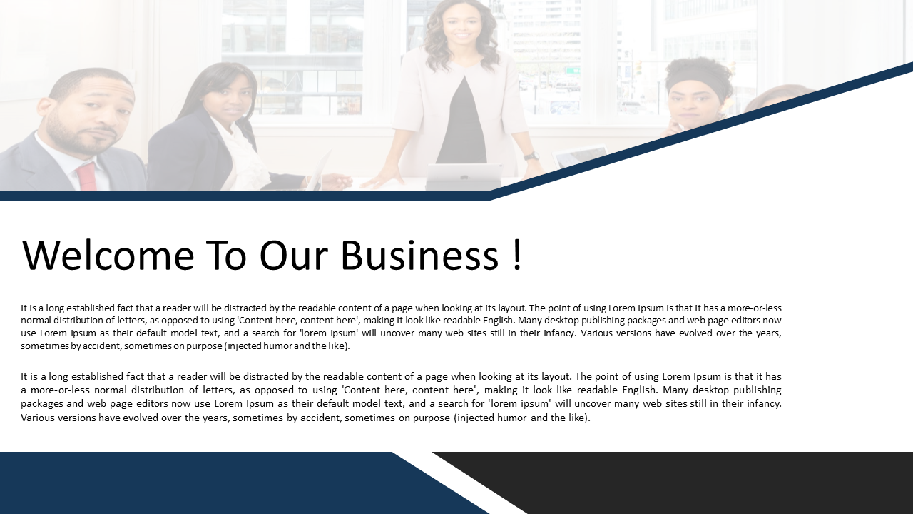 Business welcome slide featuring two professionals in an office with a cityscape background and descriptive text.