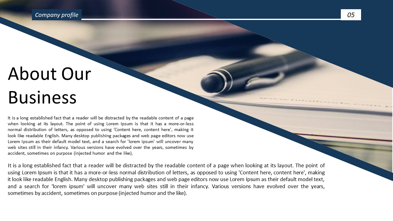 A company profile slide featuring a business overview with text and a close up of a pen on paper in white backdrop.