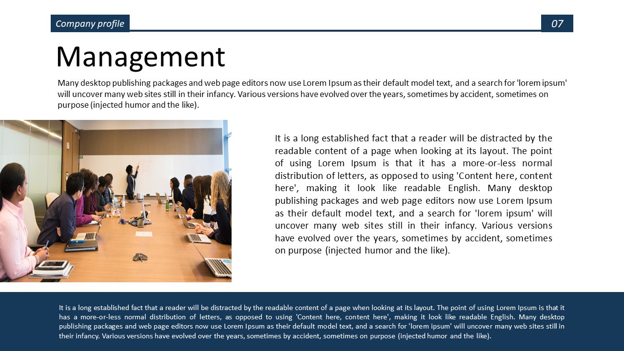 Business meeting slide featuring a group of professionals engaged in a discussion, representing management in white theme.