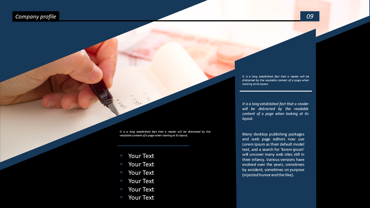 Presentation slide with a pen writing on paper and text blocks highlighting company profile section in blue and black theme.