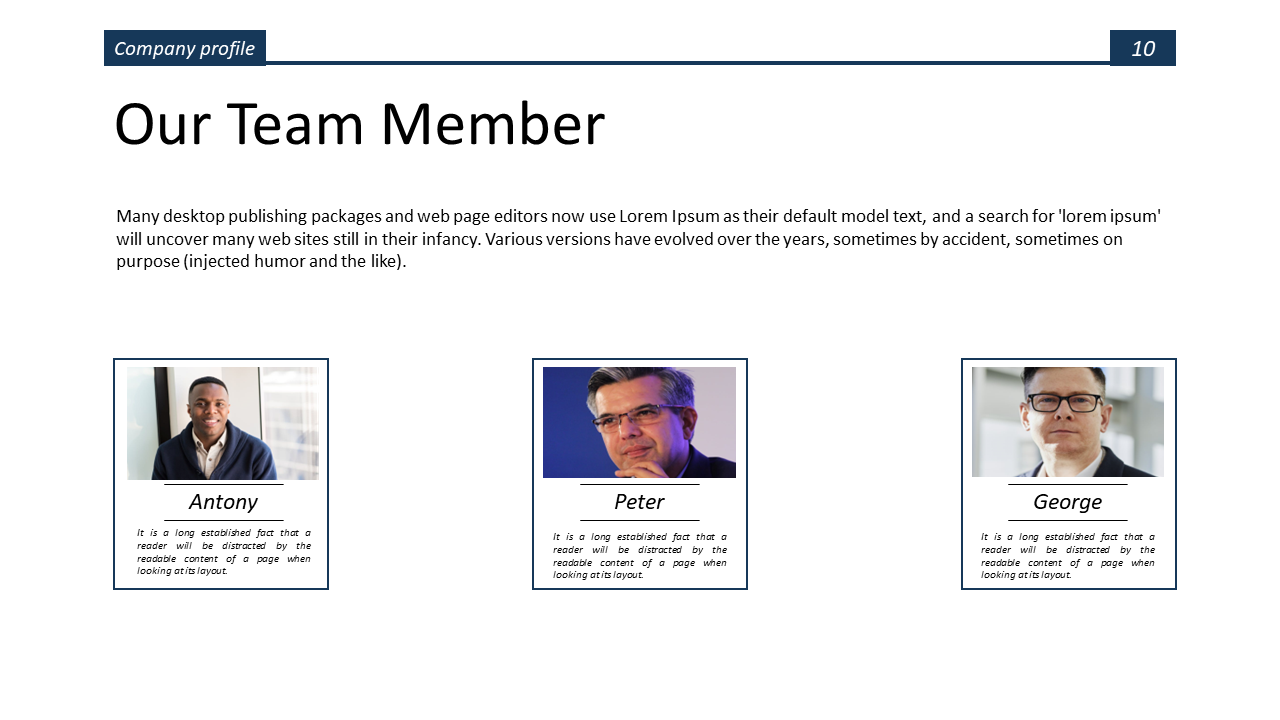 Slide featuring team members Antony, Peter, and George with their photos and descriptions on a white backdrop.