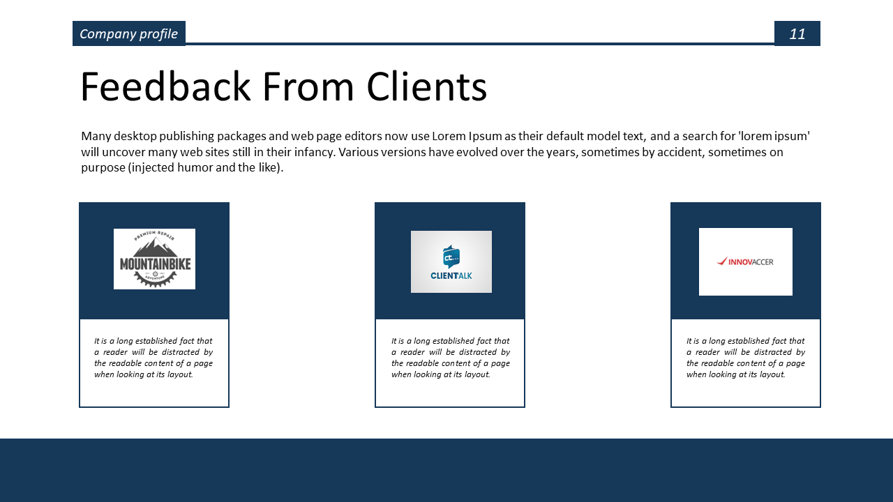 Client feedback slide featuring logos of Mountainbike, Clientalk, and Innovaccer with text below on a white and blue theme.