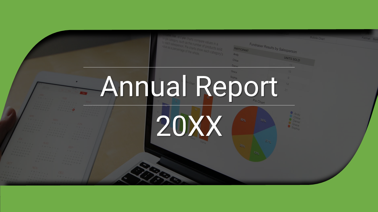 Annual report slide with a graph and chart displayed on a laptop and tablet in a green backdrop.