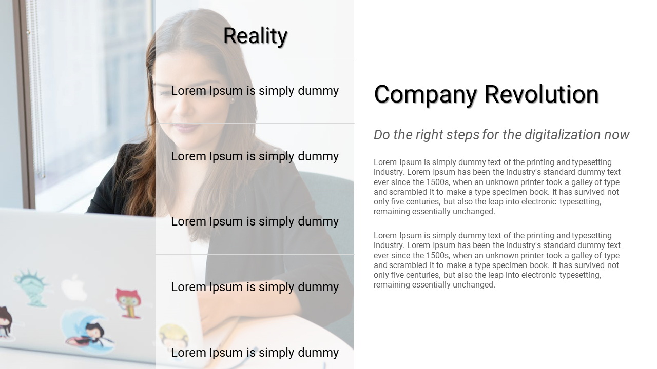 Company Revolution slide featuring a woman working at a laptop with text sections in a white backdrop.