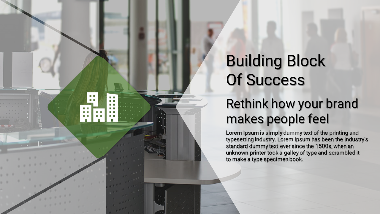 Building Block of Success slide with an image of an office and a building icon, discussing brand impact.